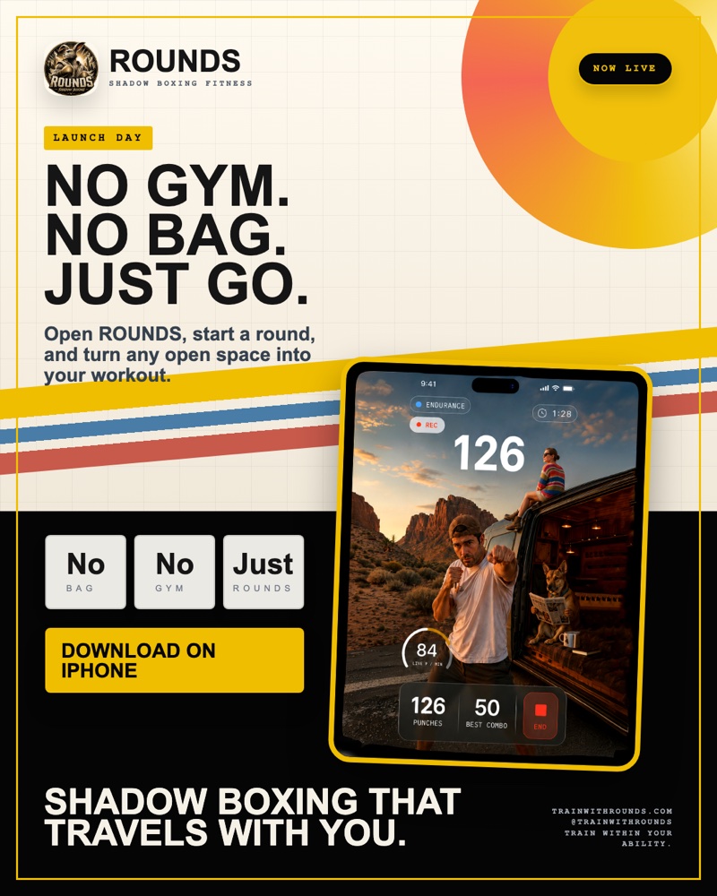 ROUNDS app launch poster with no gym, no bag, just ROUNDS message