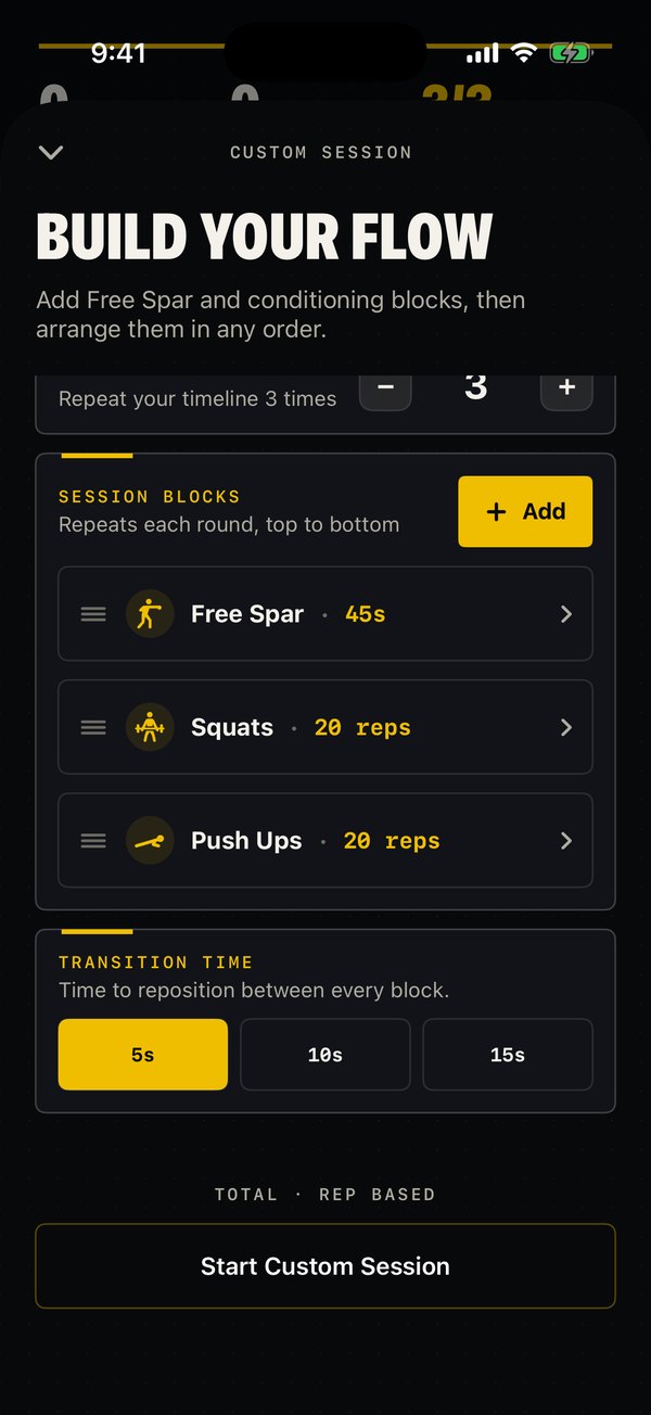 ROUNDS Custom Session builder with Free Spar, Squats and Push Ups blocks repeated three times