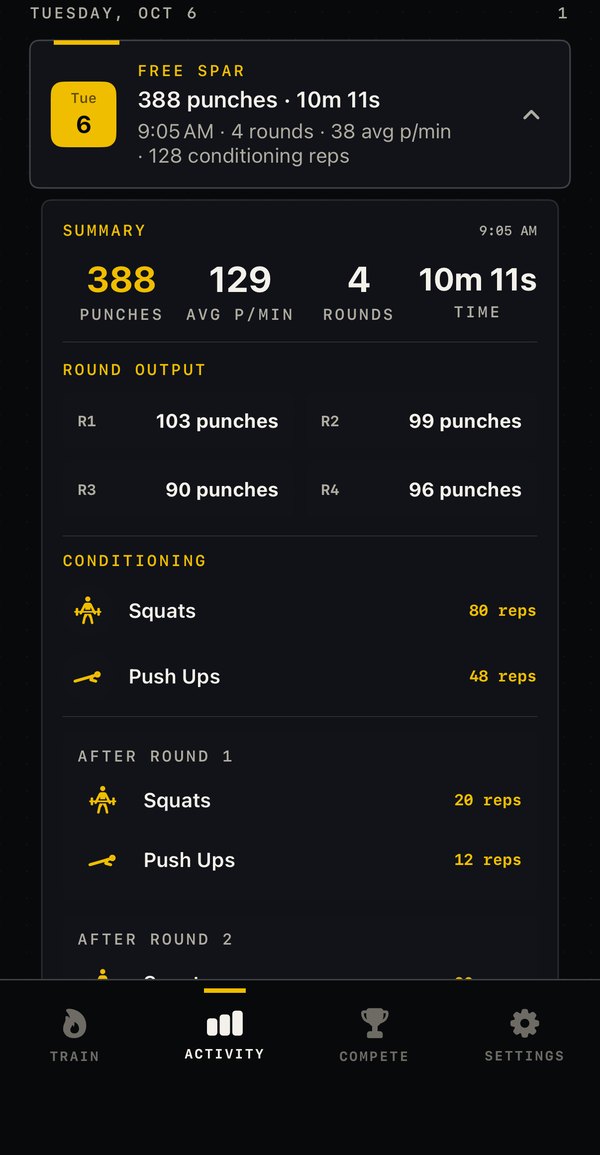 ROUNDS session summary showing 388 punches over 4 rounds, 129 punches per minute, and squat and push-up reps